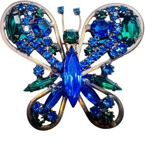 Vtg A. Caviness Blue Green Rhinestone Dimensional Butterfly Brooch Pin Uunsigned